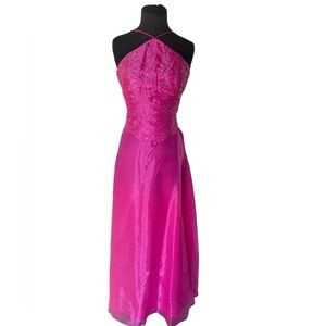 Vtg Y2K Pink Corset Prom Dress Sz XS Basque Waist Lace Up Back Fairycore Formal